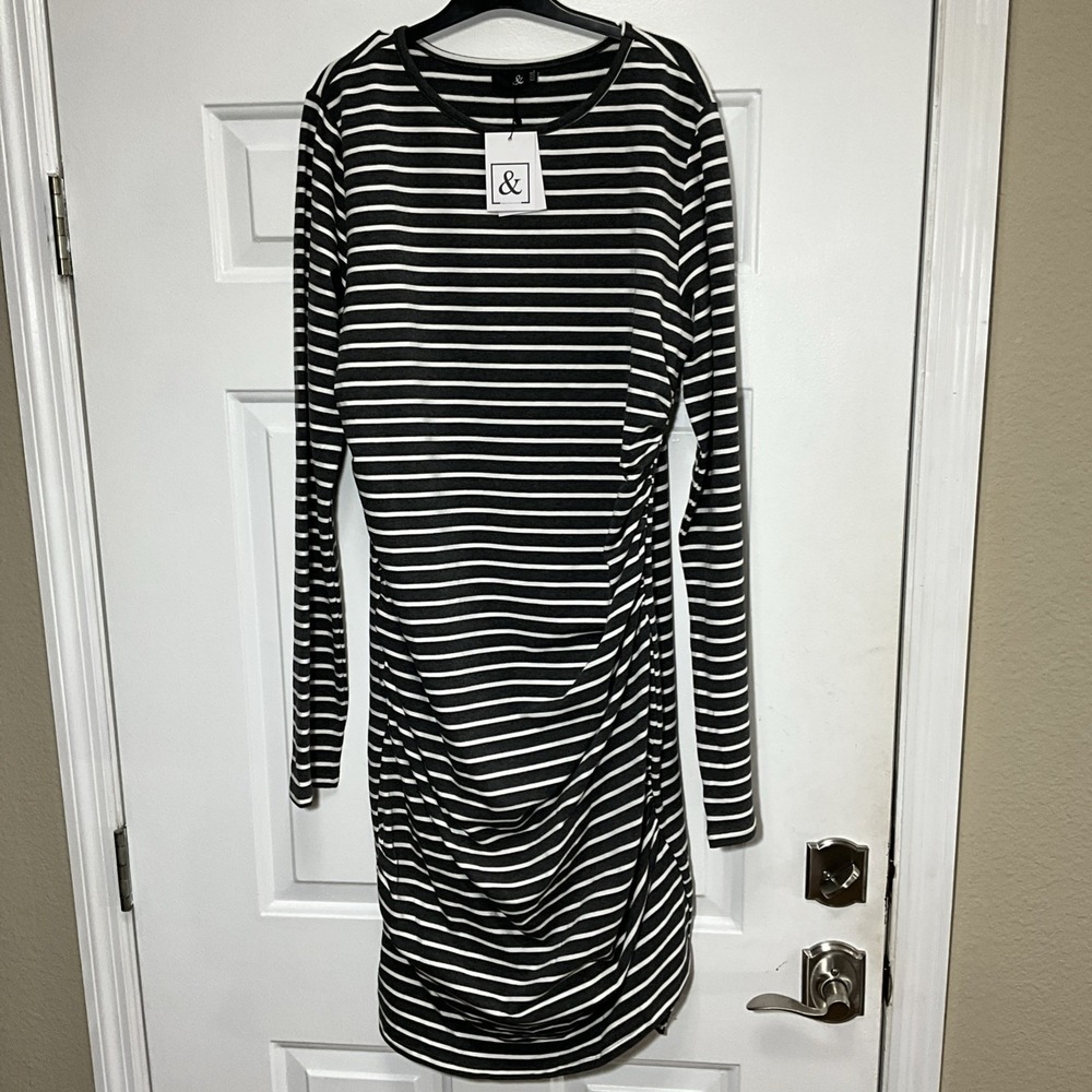 Ampersand Avenue Plus Size Long Sleeve Charcoal/White Striped Stretchy Dress 3XL
